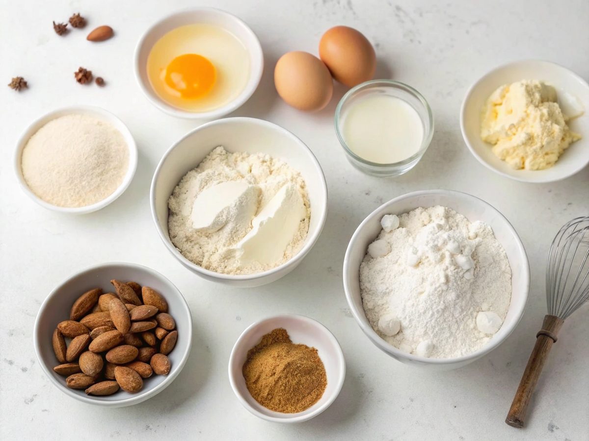 Ingredients for Protein Cinnamon Roll Mug Cake laid out on a kitchen counter.