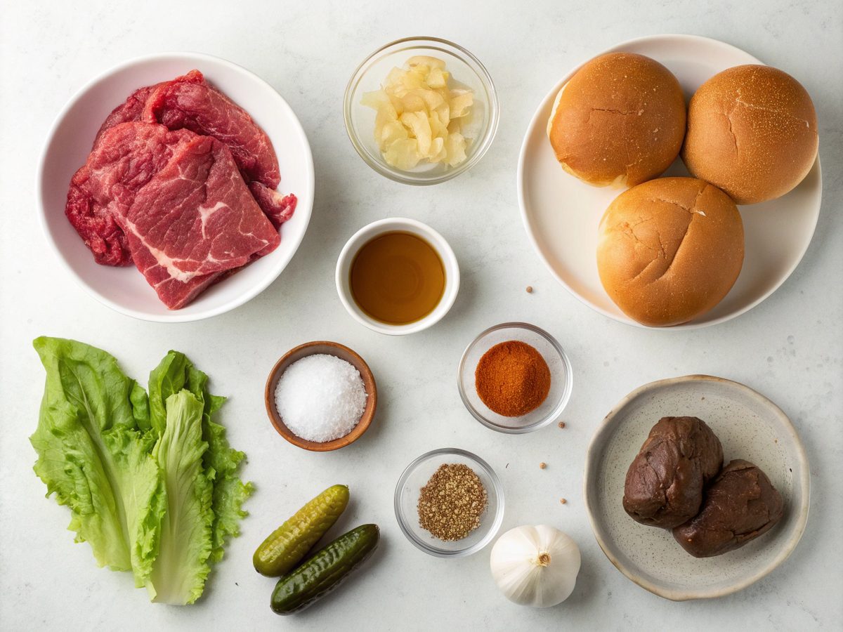 Ingredients for pulled beef sandwich recipes, including beef, buns, and spices.