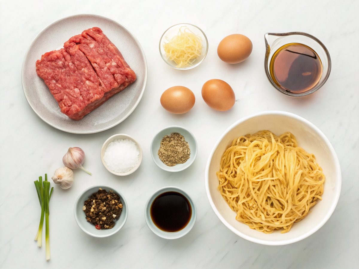 Ingredients for making a quick beef noodle dinner laid out in an organized manner