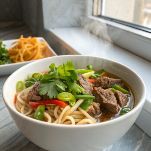 A delicious serving of quick beef noodles recipe with garnishes