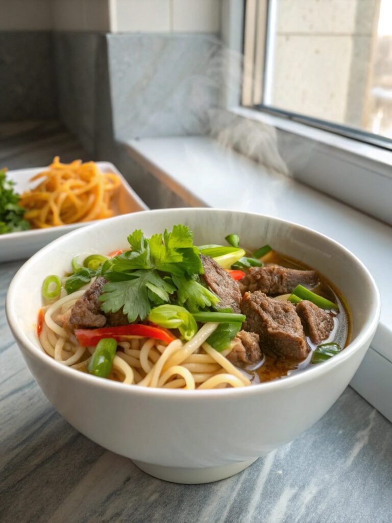 A delicious serving of quick beef noodles recipe with garnishes