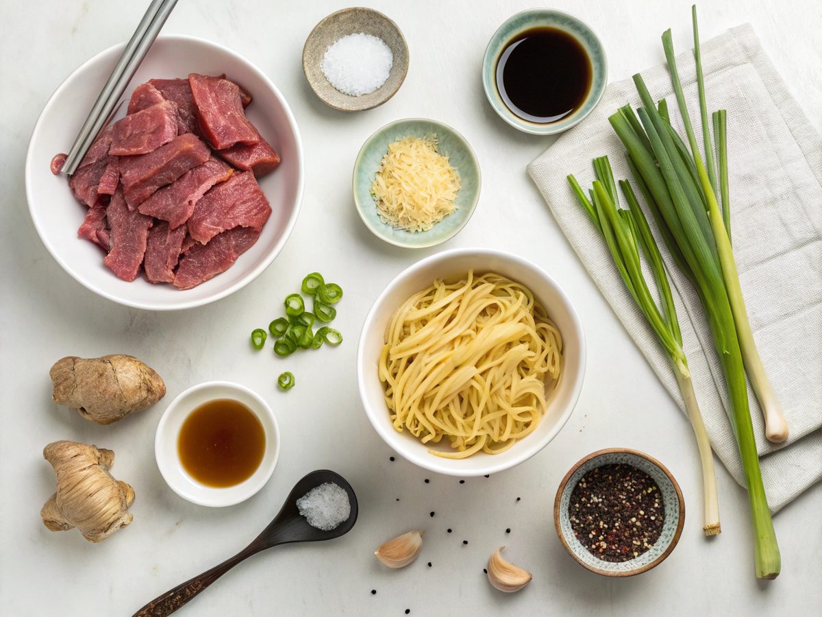 Ingredients for quick beef noodles recipe including beef, noodles, soy sauce, and spices.