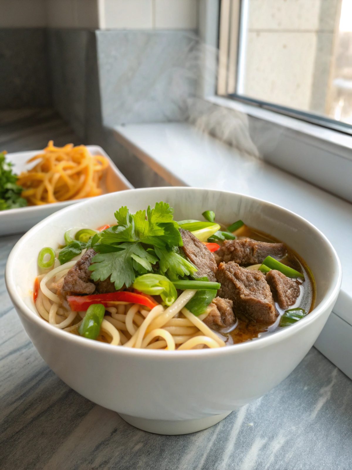 A delicious serving of quick beef noodles recipe with garnishes