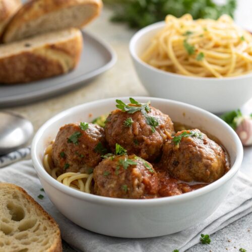 A tempting presentation of savory Salisbury steak meatballs in rich gravy.