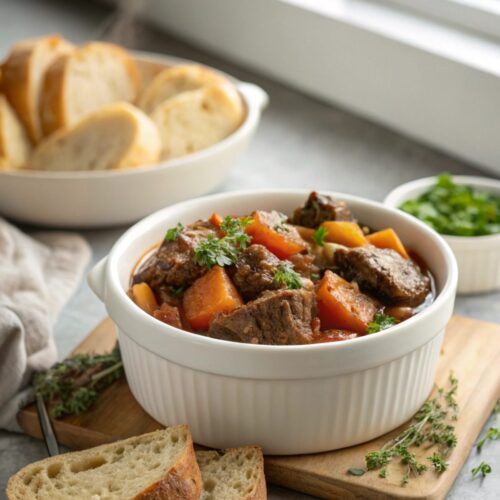 A steaming bowl of savory slow cooker beef stew.