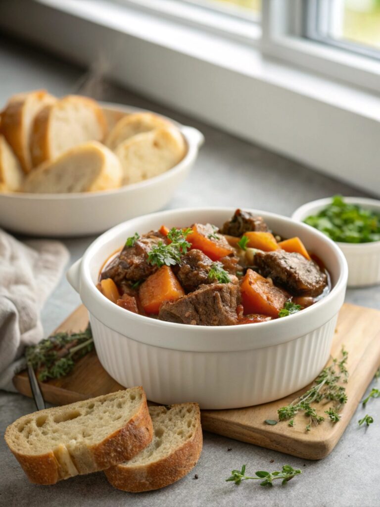 A steaming bowl of savory slow cooker beef stew.