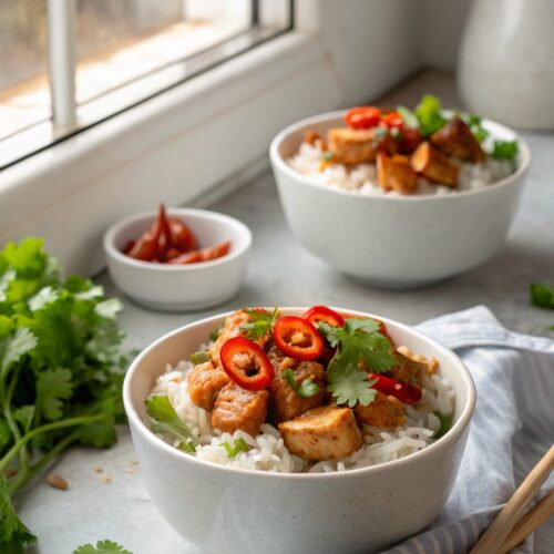 Sticky chicken rice bowls close-up with garnishing