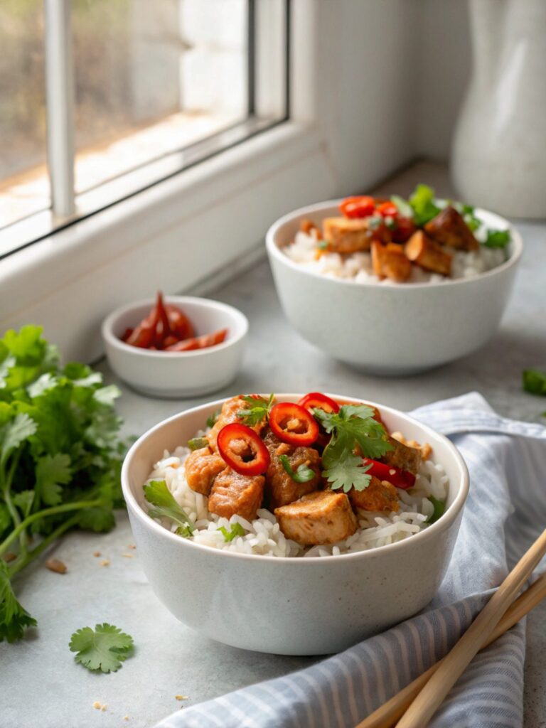 Sticky chicken rice bowls close-up with garnishing