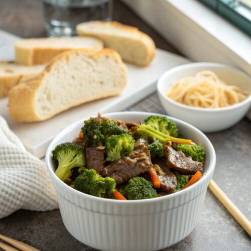 Deliciously savory beef and broccoli served fresh, showcasing its appetizing look.