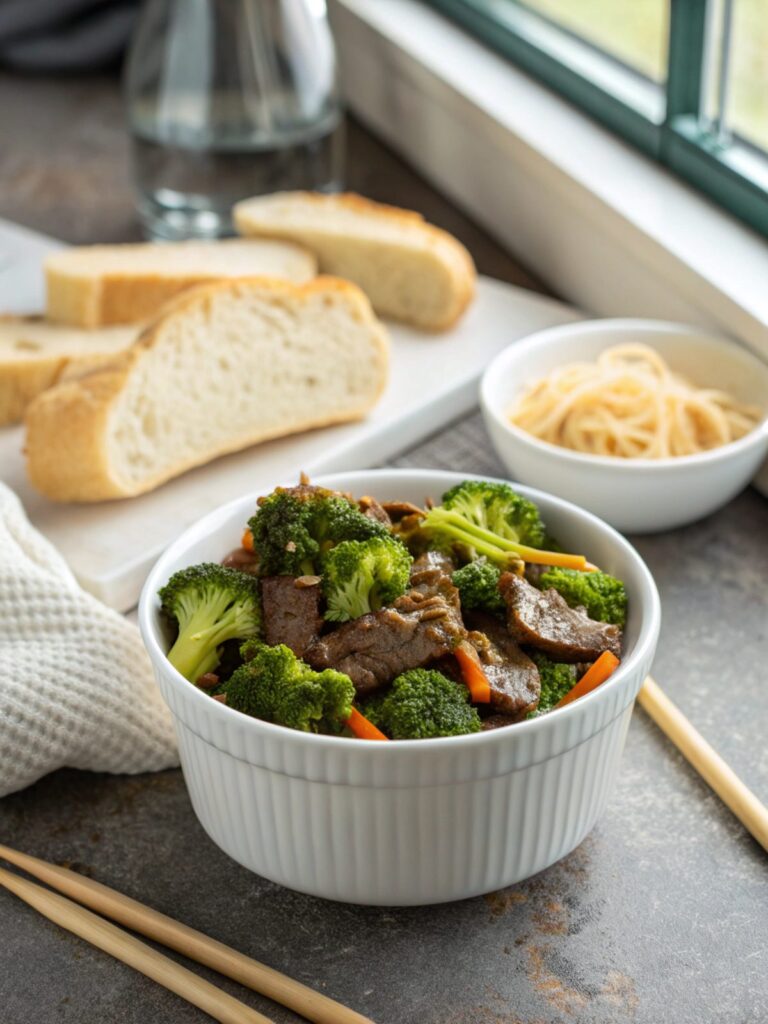 Deliciously savory beef and broccoli served fresh, showcasing its appetizing look.