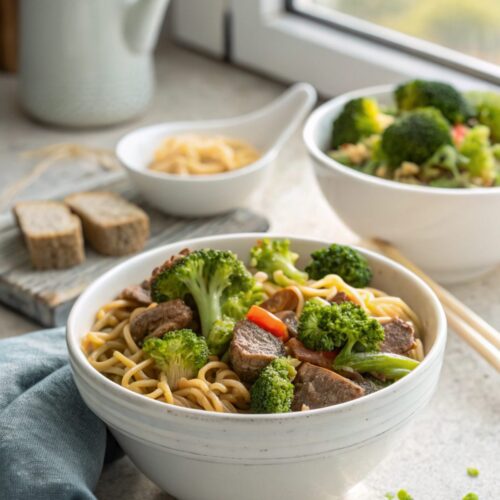 A savory and colorful beef broccoli ramen stir fry dish in a white bowl.