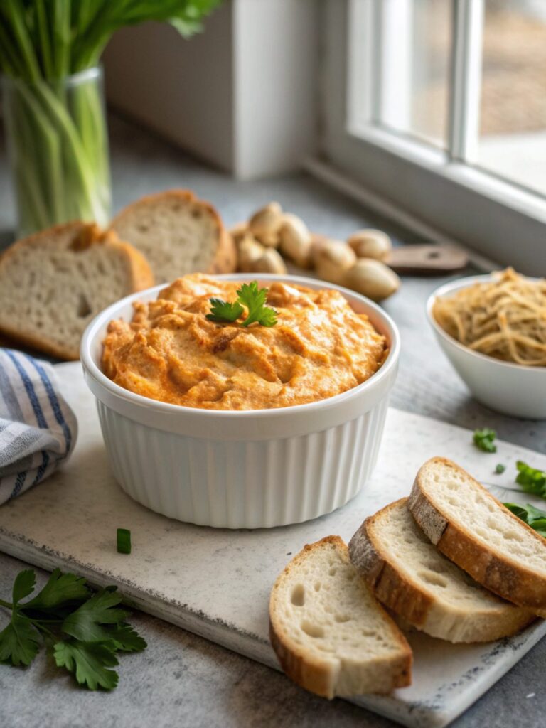 Feature image of Dairy-Free Buffalo Chicken Dip served in a bowl.