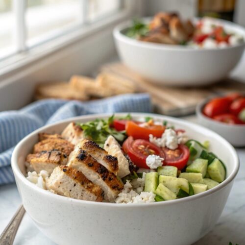 Mediterranean-inspired Greek chicken bowls with quinoa and veggies.