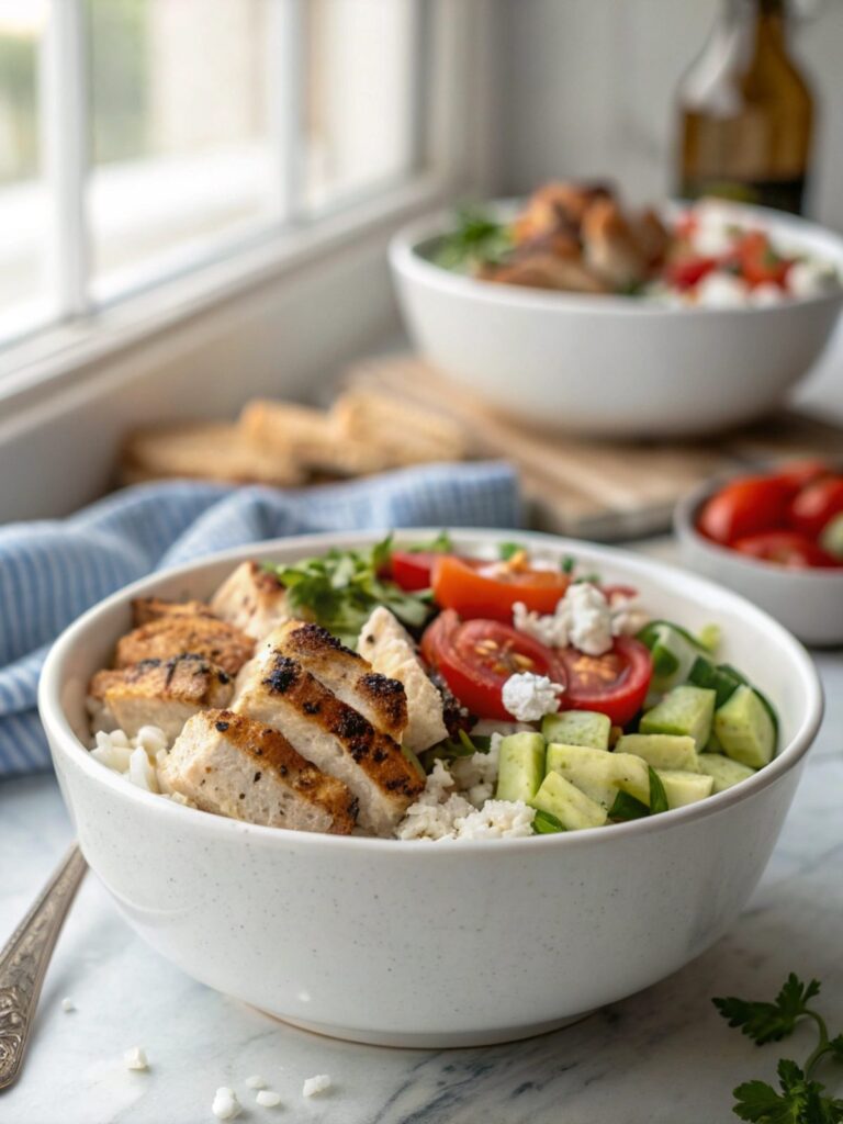 Mediterranean-inspired Greek chicken bowls with quinoa and veggies.