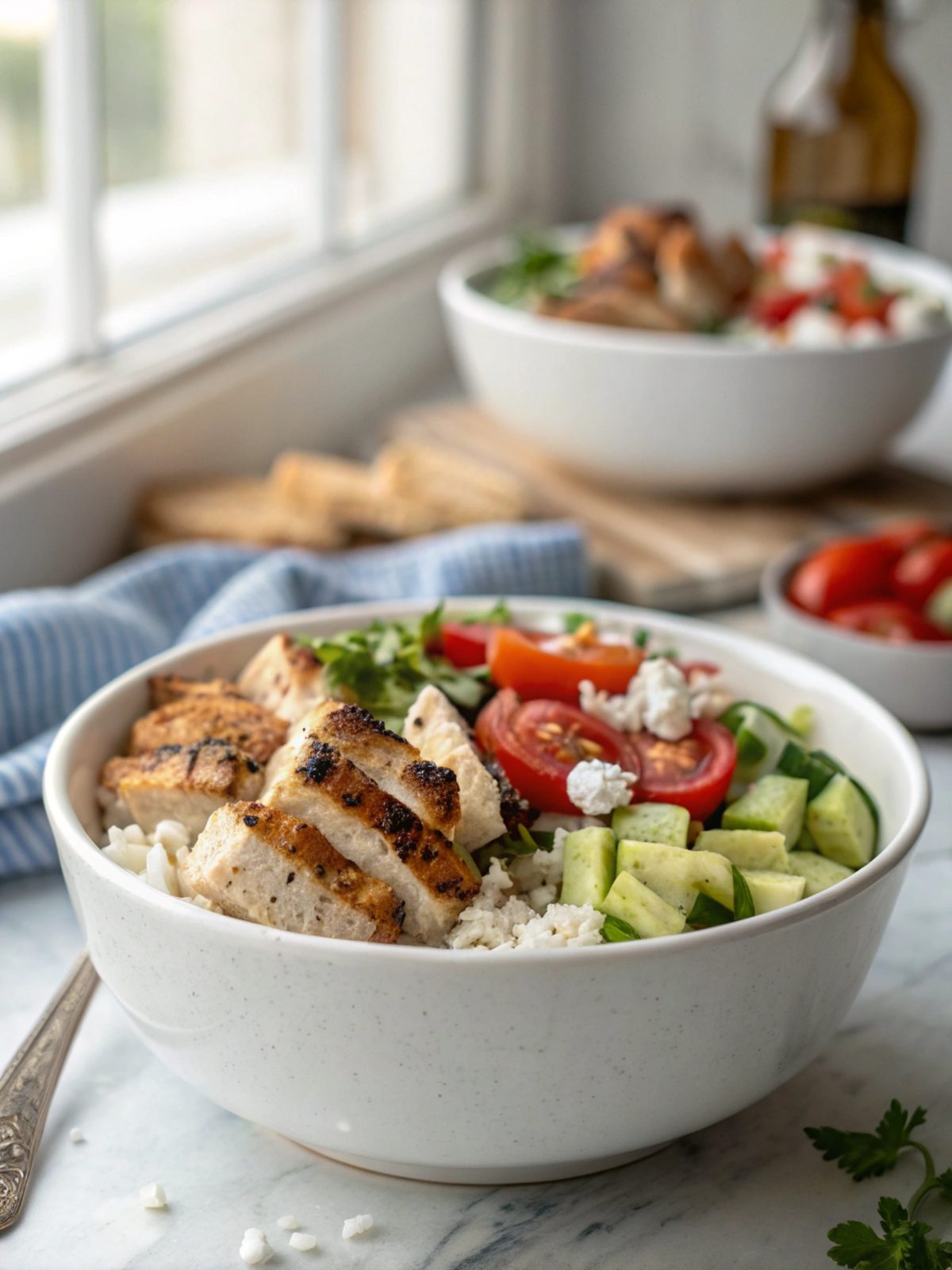 Mediterranean-inspired Greek chicken bowls with quinoa and veggies.