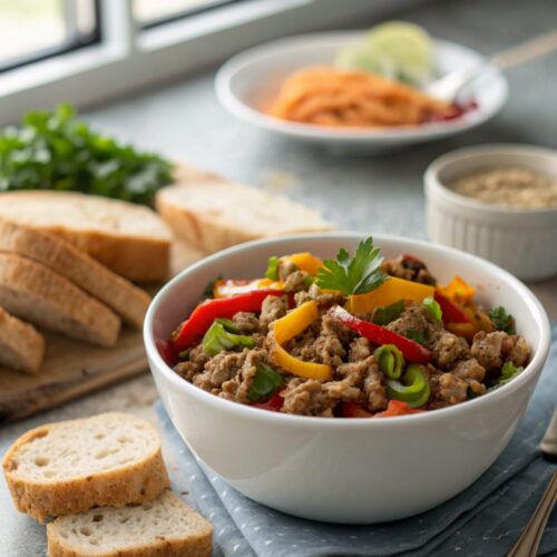 Close-up of finished Savory Ground Turkey Peppers Dinner Recipe with vibrant peppers