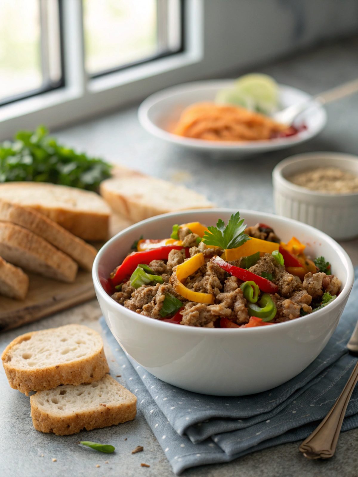 Close-up of finished Savory Ground Turkey Peppers Dinner Recipe with vibrant peppers