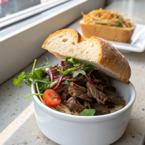 Close-up view of delicious pulled beef sandwich recipes with vibrant ingredients.