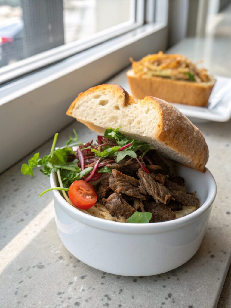 Close-up view of delicious pulled beef sandwich recipes with vibrant ingredients.