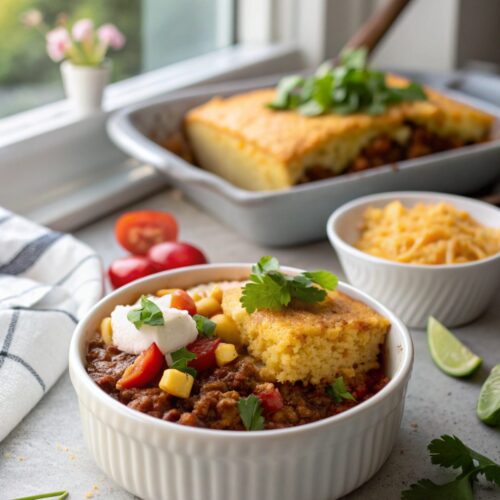 SEO-friendly image of a Texas Tamale Pie served in a sleek white dish.