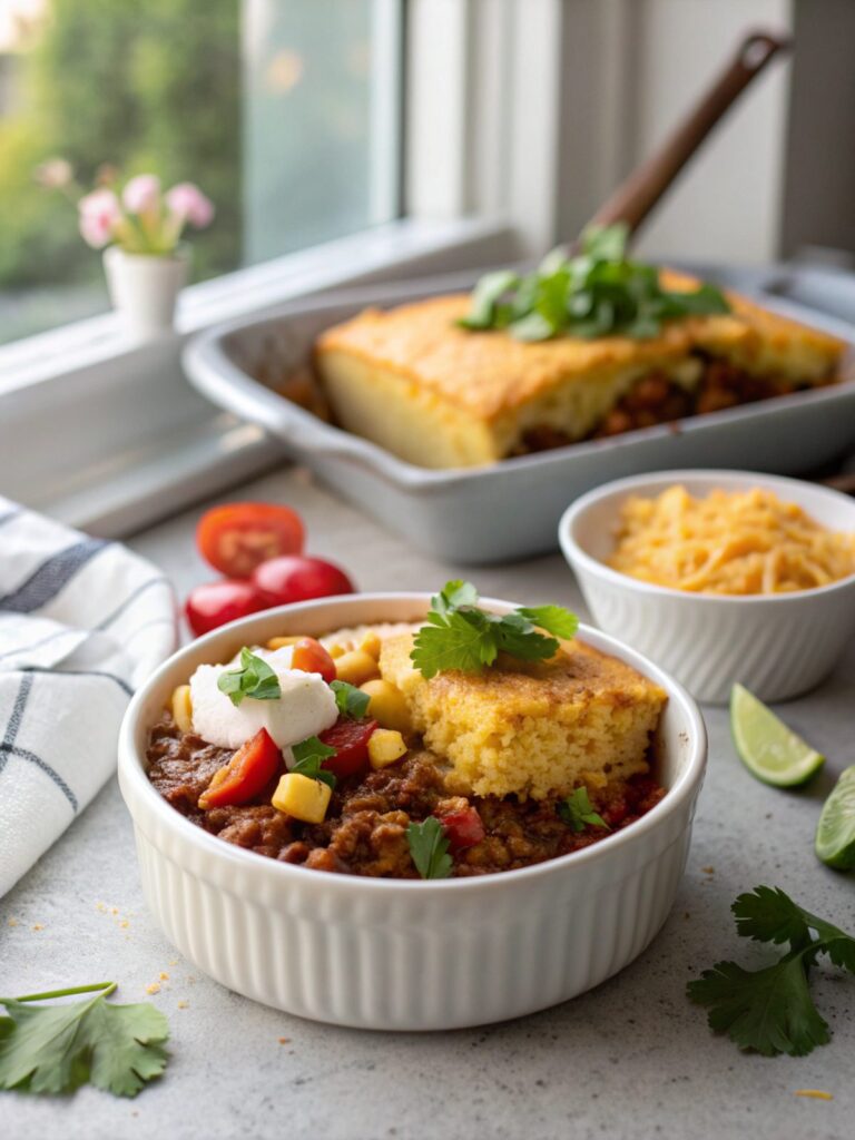SEO-friendly image of a Texas Tamale Pie served in a sleek white dish.