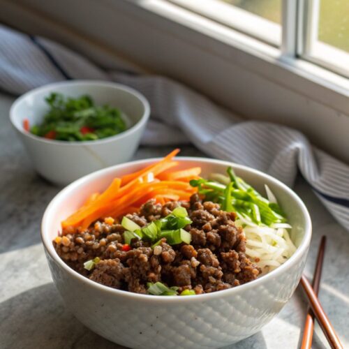 SEO-friendly alt text describing the featured image, including Korean ground beef bowl recipe