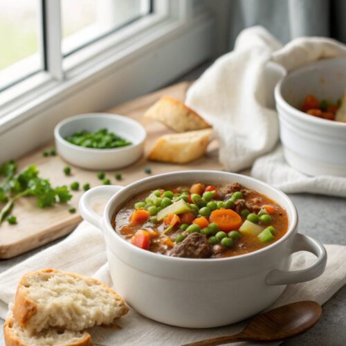 Shepherd's Pie Soup served in a white bowl, garnished simply for inviting presentation