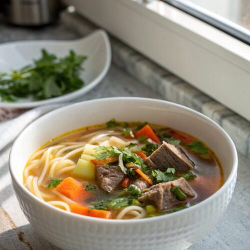 Close up of a serving of stovetop beef noodle recipe with garnish