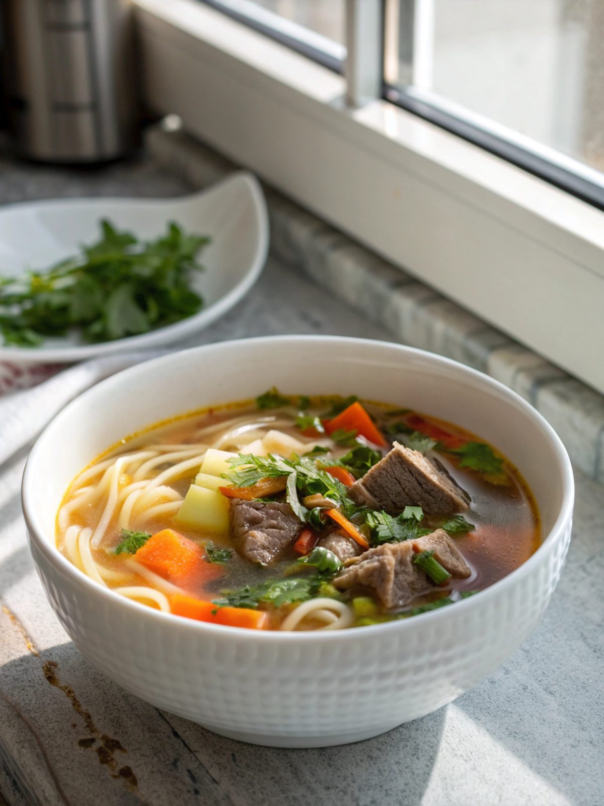 Close up of a serving of stovetop beef noodle recipe with garnish