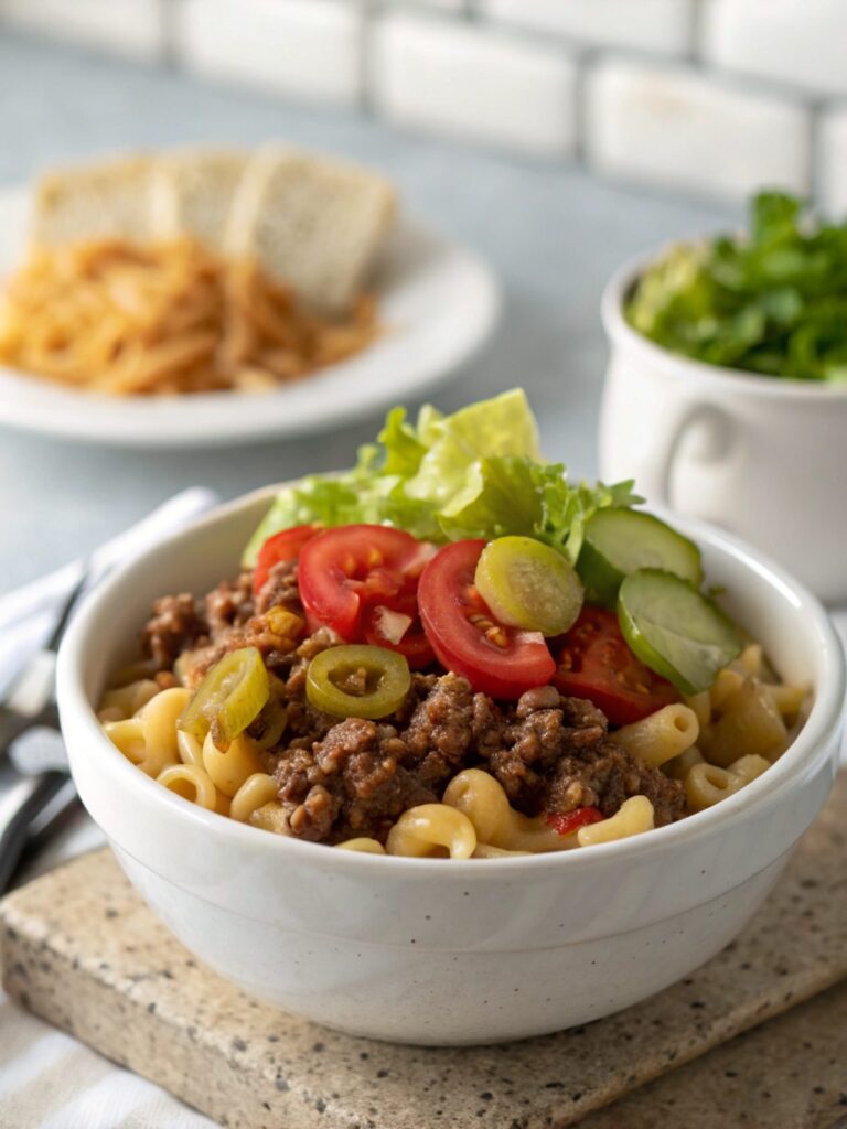 A bowl of homemade hamburger helper with fresh parsley garnish.