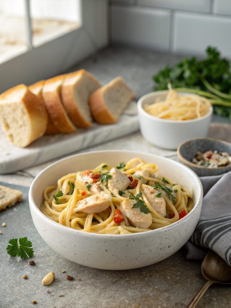 A delicious plate of Chicken Linguine Cowboy Butter, garnished and ready to enjoy.