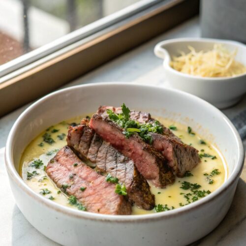 Delicious garlic butter steak with creamy parmesan sauce served elegantly