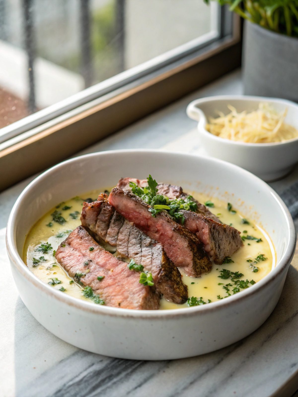 Delicious garlic butter steak with creamy parmesan sauce served elegantly