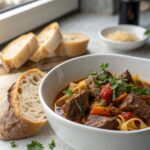 SEO-friendly image showing a dish of slow cooked beef and noodles