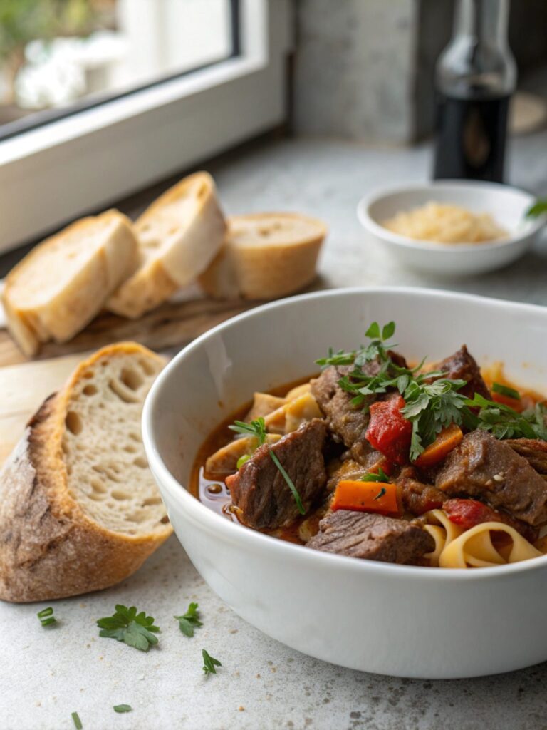 SEO-friendly image showing a dish of slow cooked beef and noodles