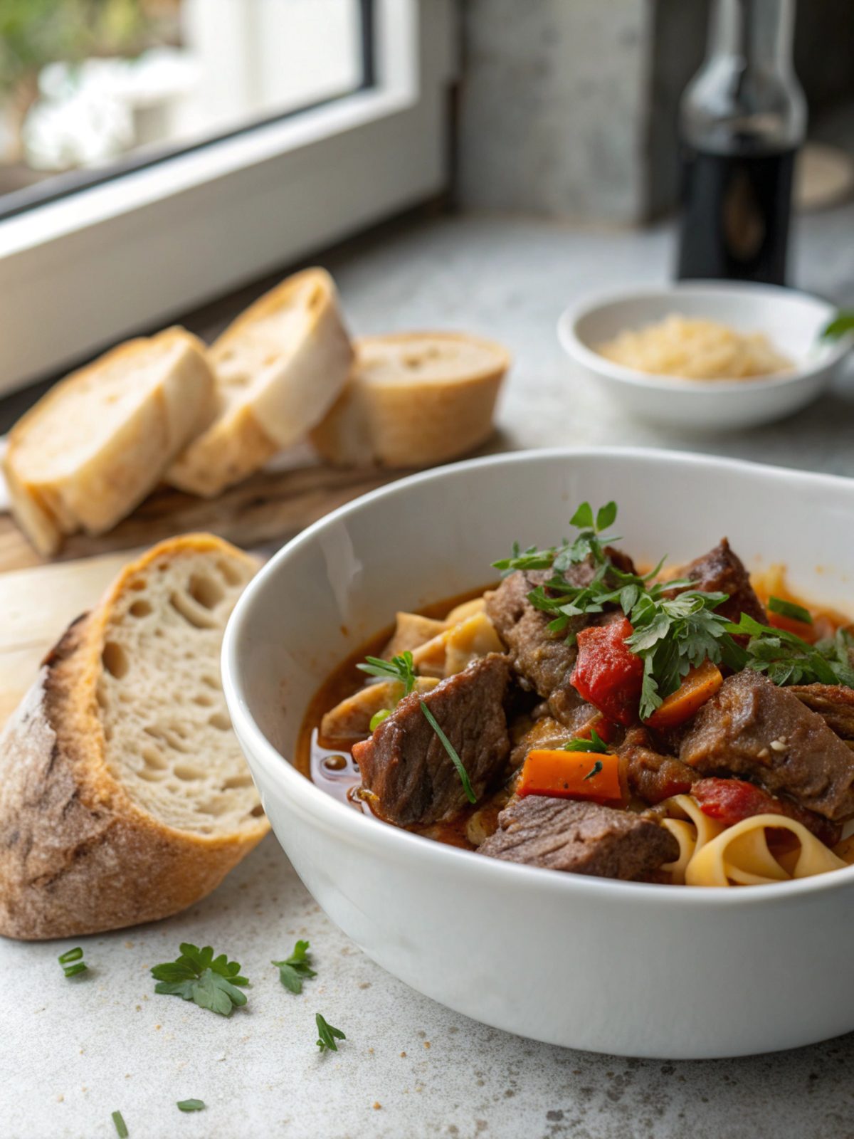 SEO-friendly image showing a dish of slow cooked beef and noodles
