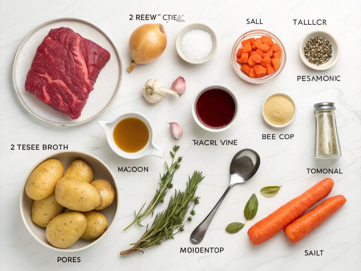 Flat lay of slow cooked beef stew ingredients on a white kitchen surface