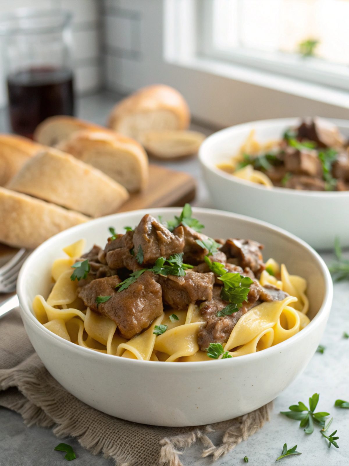 Rich and creamy featured image of slow cooked beef stroganoff topped with parsley.