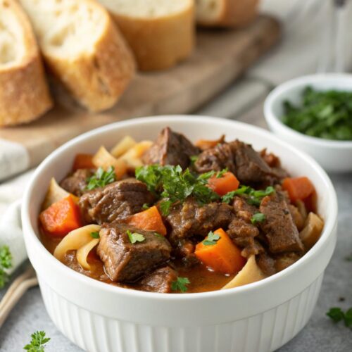 Hearty Slow Cooker Beef Manhattan with tender beef and rich gravy.