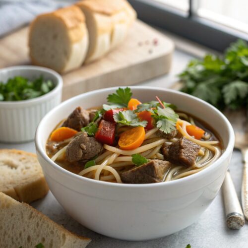 A delicious bowl of slow cooker beef noodles, garnished with fresh herbs