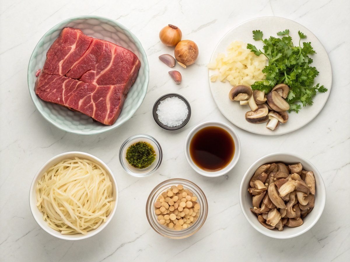 Ingredients for slow cooker beef noodles, arranged neatly