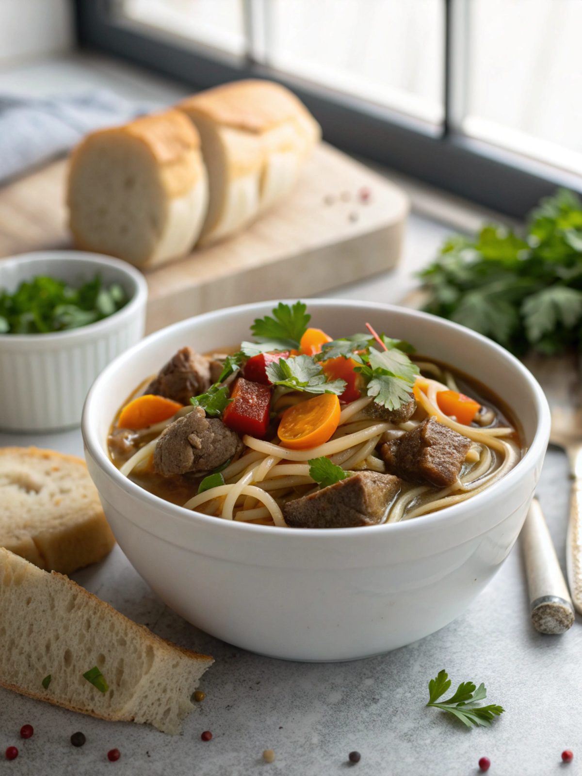 A delicious bowl of slow cooker beef noodles, garnished with fresh herbs