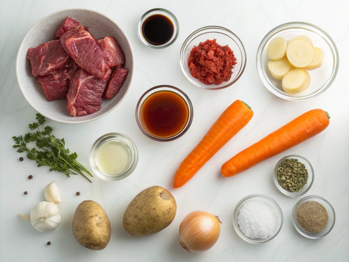 Ingredients for a slow cooker beef stew recipe, featuring beef, vegetables, and seasonings