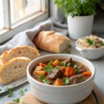 Delicious and hearty slow cooker beef stew ready to serve.