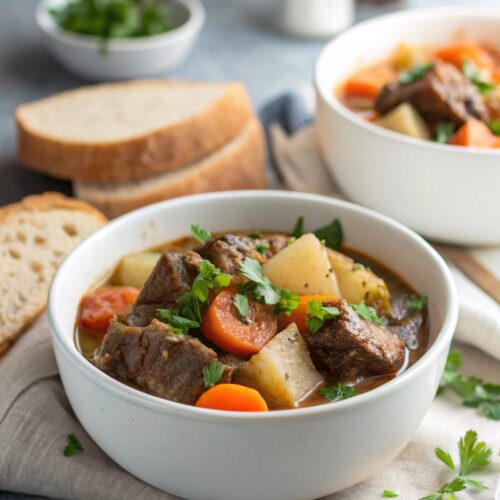 A hearty slow cooker beef stew in a bowl, featuring tender beef and colorful vegetables
