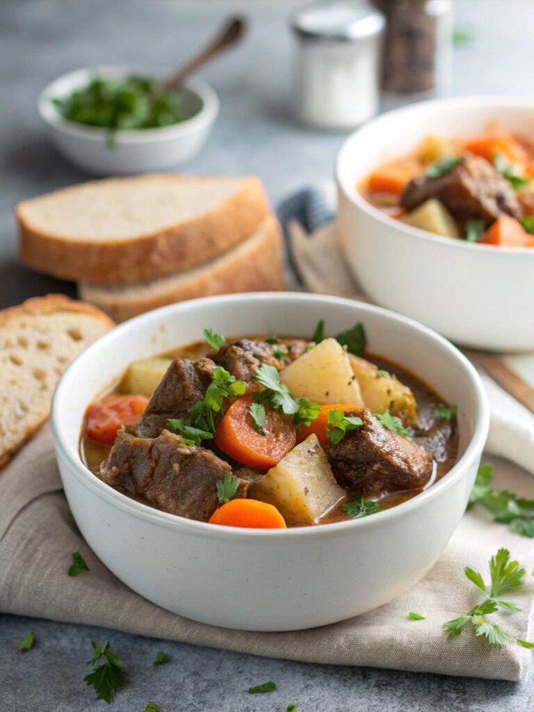 A hearty slow cooker beef stew in a bowl, featuring tender beef and colorful vegetables
