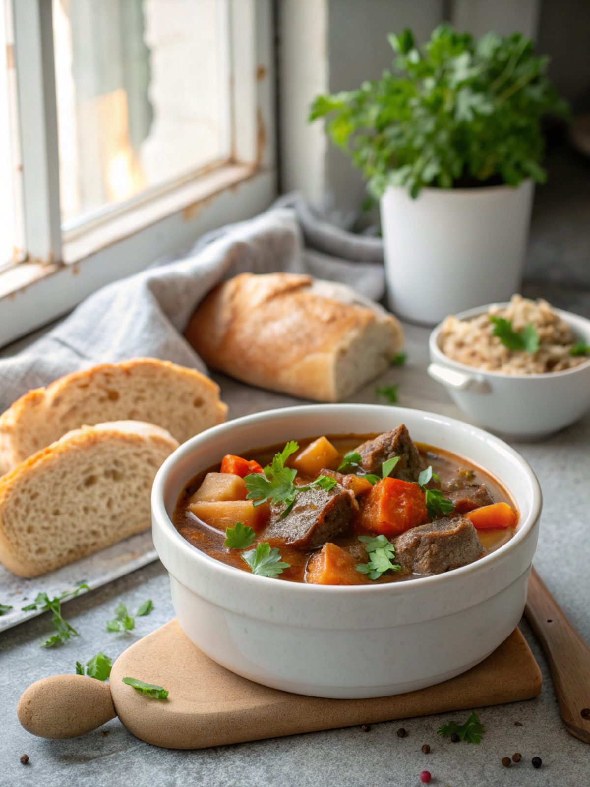 Delicious and hearty slow cooker beef stew ready to serve.