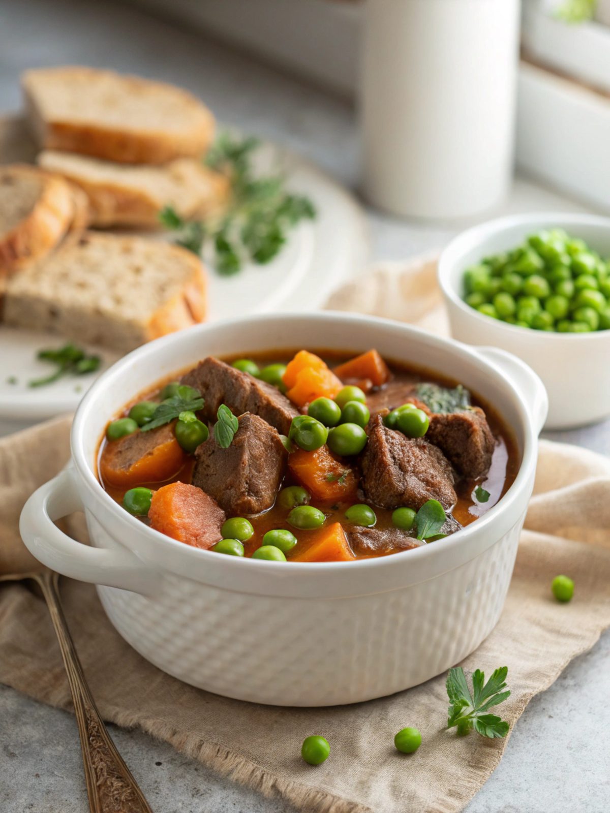 Delicious slow cooker beef stew with peas served in a bowl.