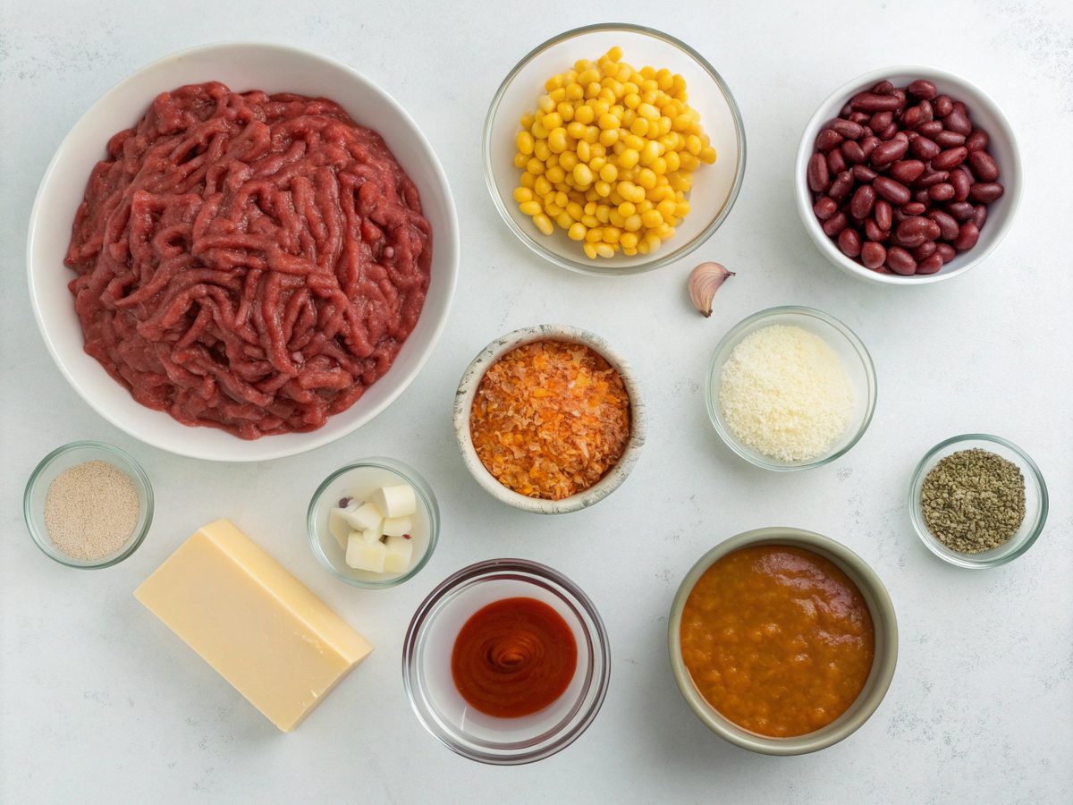 An overview image of ingredients used for making slow cooker cowboy casserole