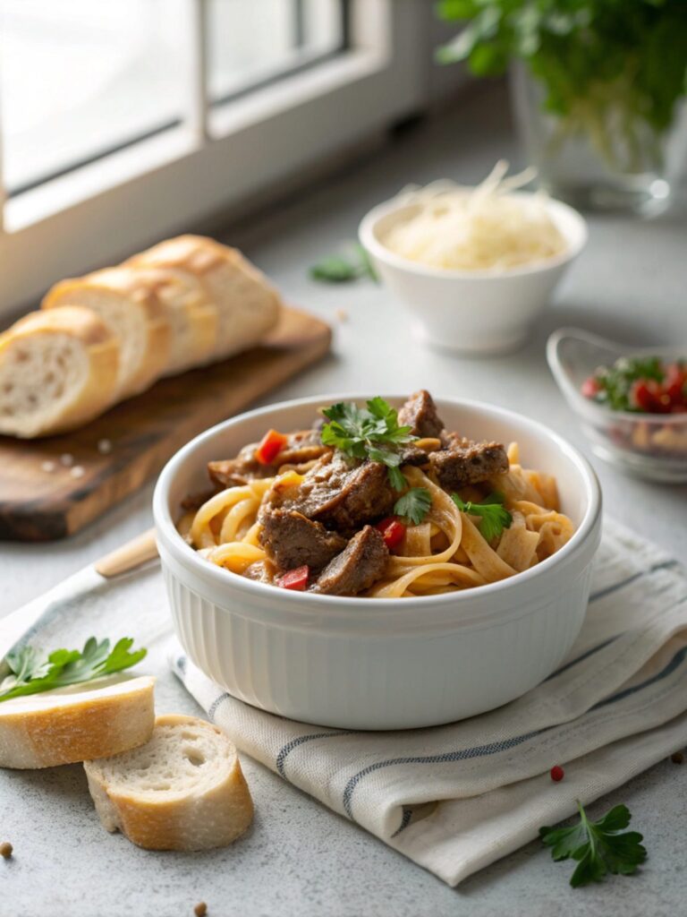 Perfectly plated Slow Cooker Garlic Beef Pasta with vibrant garnish.